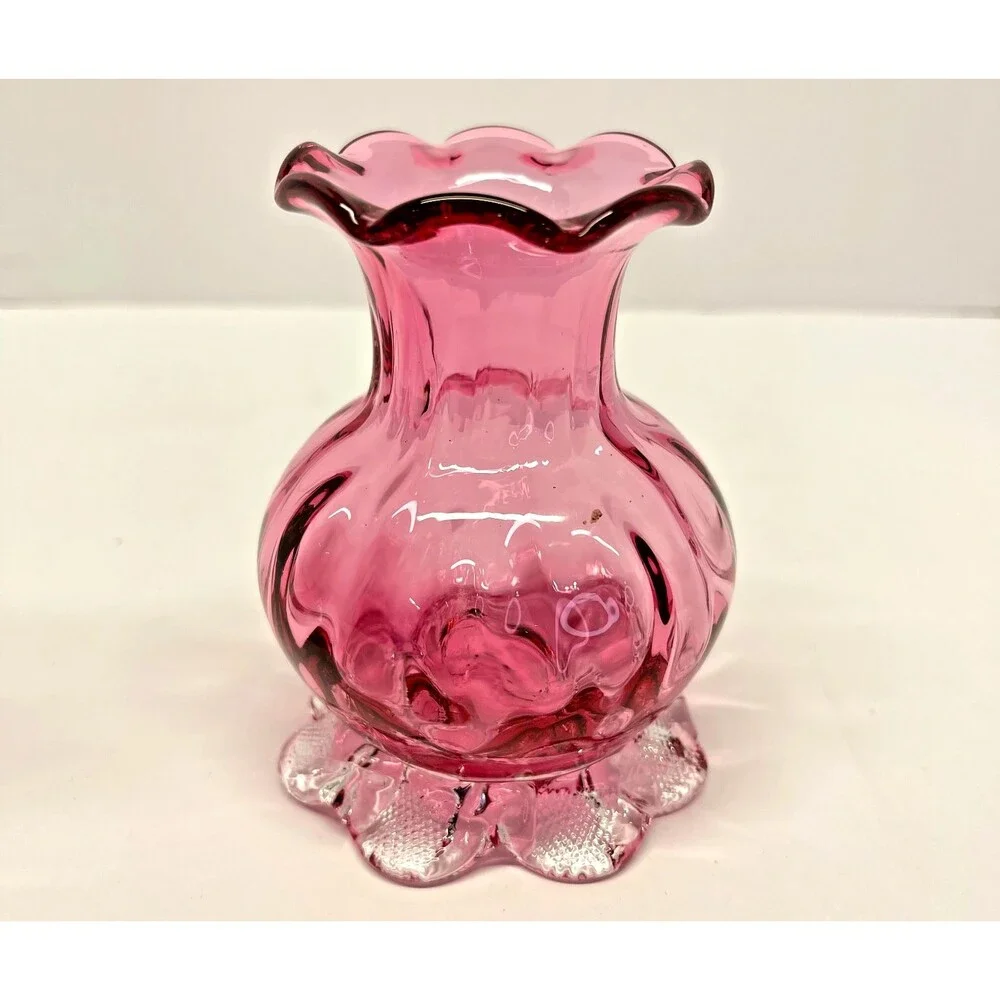 Vintage Cranberry Art Glass Vase Pair – Ruffled Rim Bud Vases, Hand Blown Pink